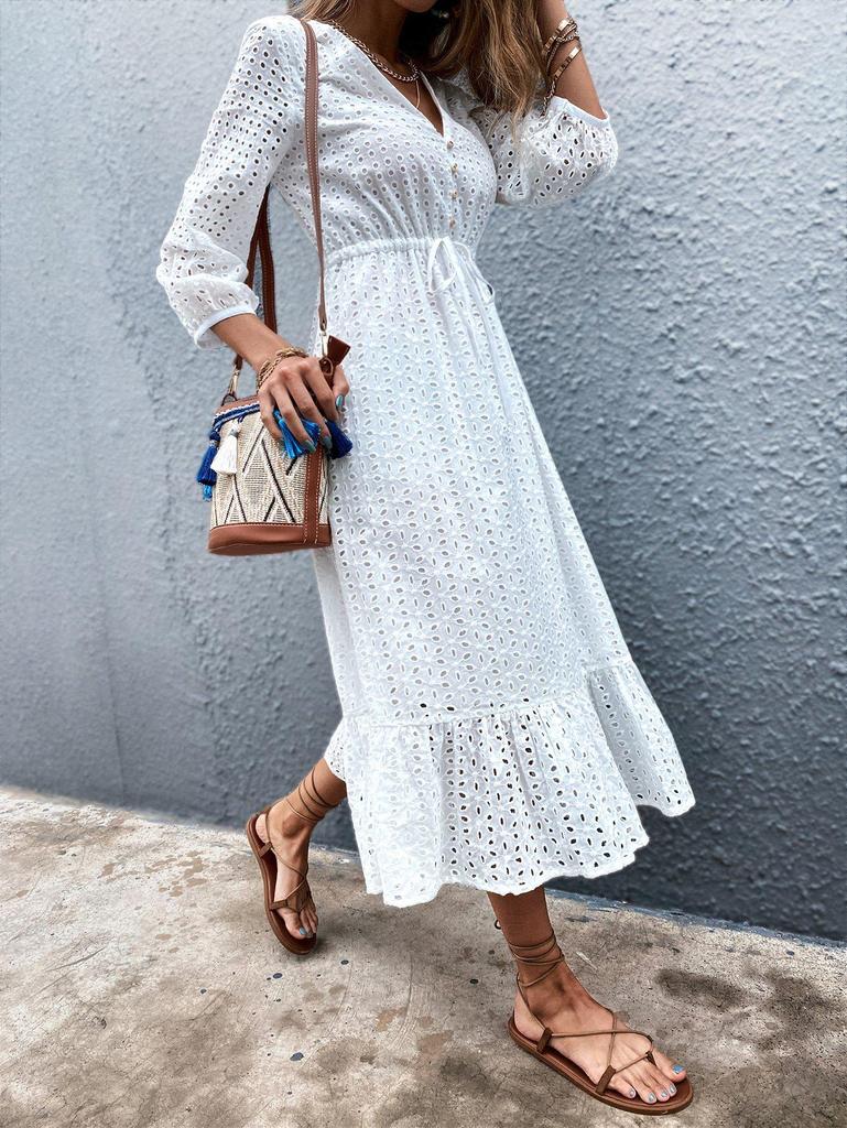 Fresh White 3/4 Sleeve Midi Dress