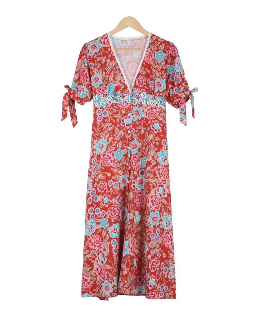 Elegant Floral Print Empire Waist Short Sleeve Midi Dress