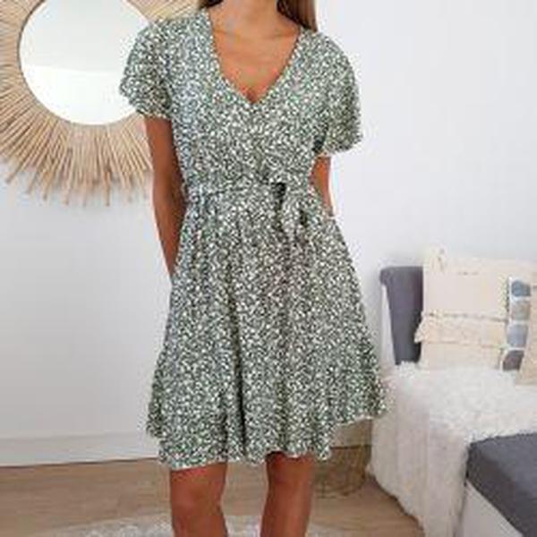 Simple Green Print Mini Dress