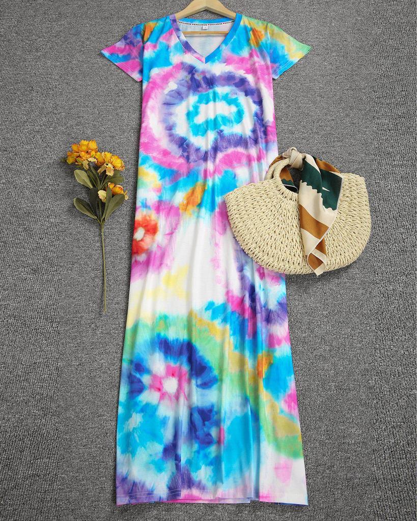 Trendy Tie Dye Print Thigh-High Side Slit Short Sleeve Maxi Dress