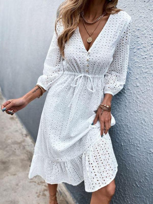 Fresh White 3/4 Sleeve Midi Dress