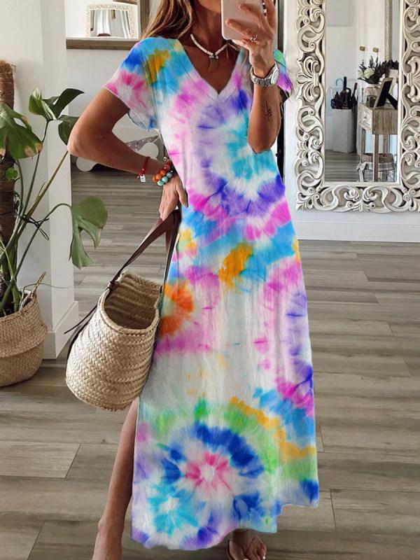 Trendy Tie Dye Print Thigh-High Side Slit Short Sleeve Maxi Dress