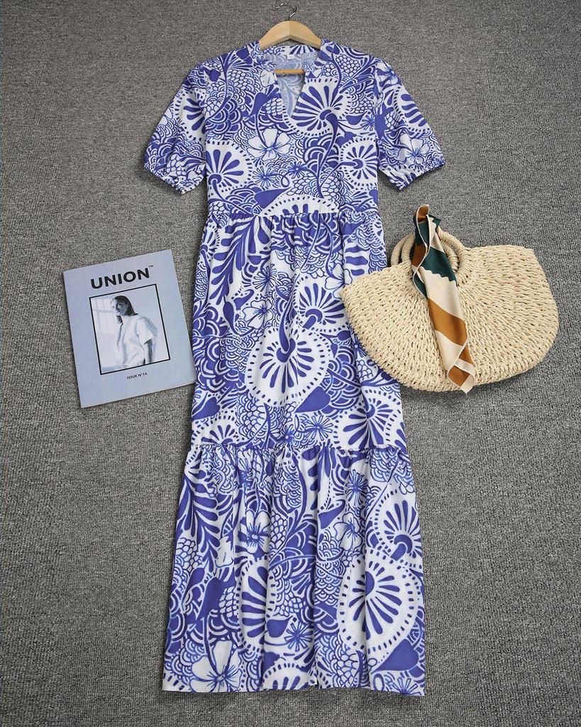 Elegant Print Short Sleeve Midi Dress