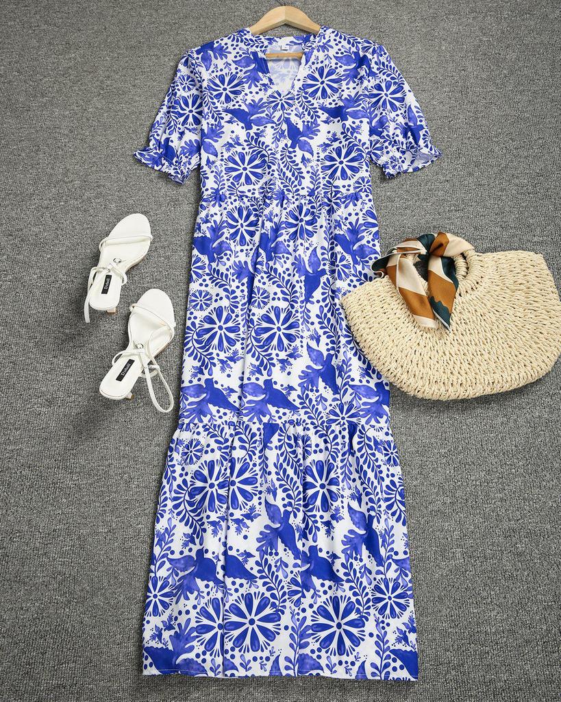 Modern Print Short Sleeve Maxi Dress