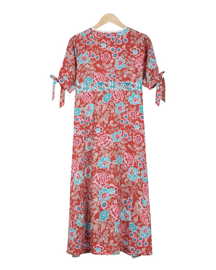 Elegant Floral Print Empire Waist Short Sleeve Midi Dress