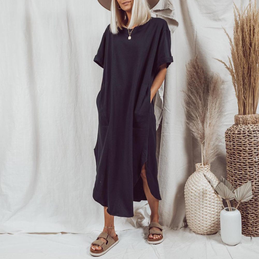 Trendy Knee-High Side Slit Short Sleeve Midi Dress