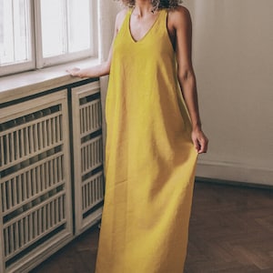 Mustard Linen Dress with Pockets