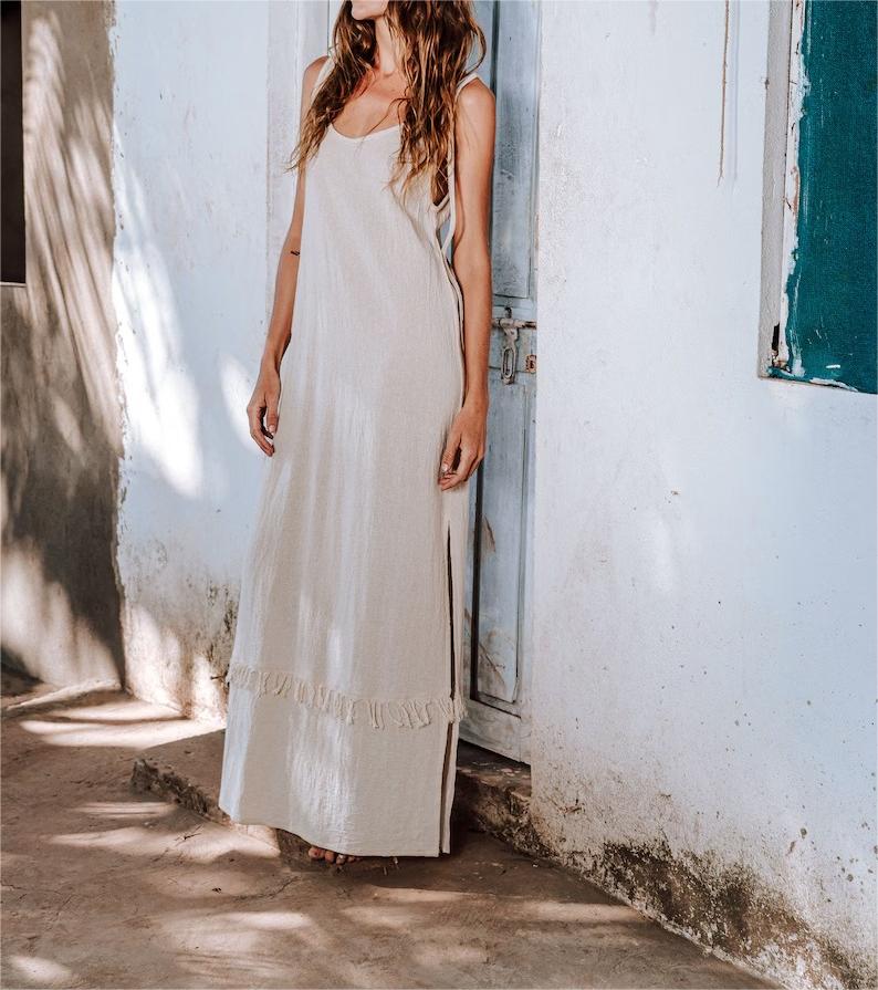 Open Back Straight Dress/Off White Tank Dress/Boho Maxi Dress/Cotton Sleeveless Dress/Organic Clothing