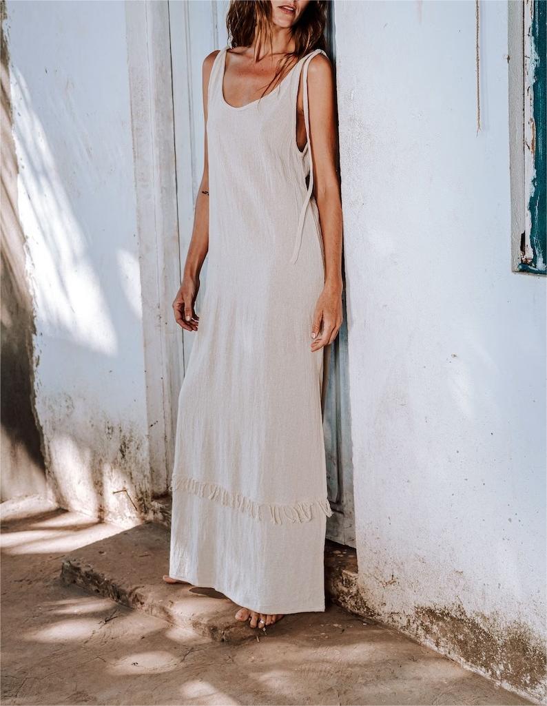 Open Back Straight Dress/Off White Tank Dress/Boho Maxi Dress/Cotton Sleeveless Dress/Organic Clothing