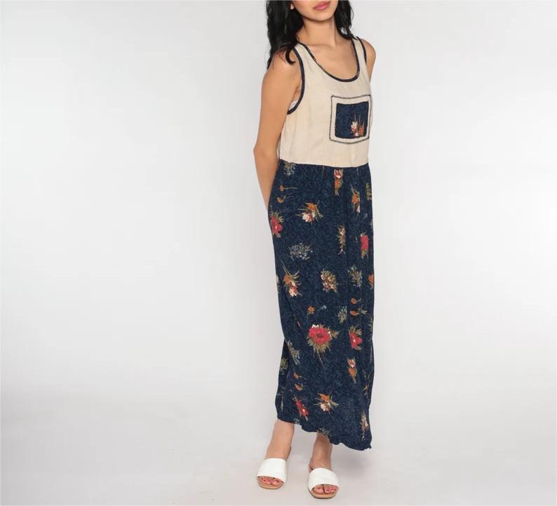 Floral Summer Dress Y2K Beige Navy Blue Sundress Midi Flower Sun Dress Ankle Length Vintage Shift High Waist Sleeveless Medium