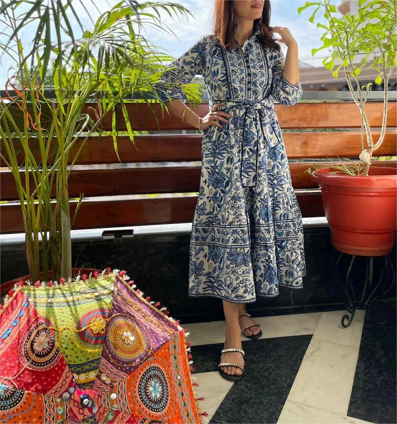 Hand Block Printed Dress | Summer Midi Dress | Cotton Floral Dress | White & Blue Dress| Handmade in India | Dress with pockets,belt