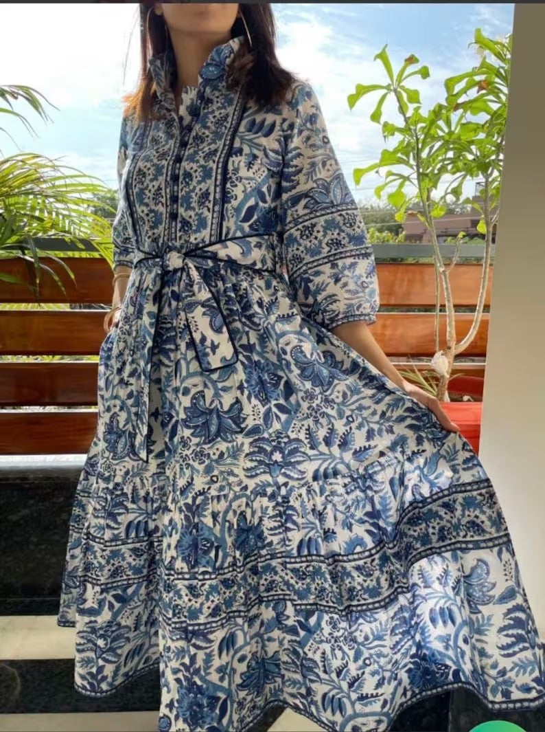 Hand Block Printed Dress | Summer Midi Dress | Cotton Floral Dress | White & Blue Dress| Handmade in India | Dress with pockets,belt