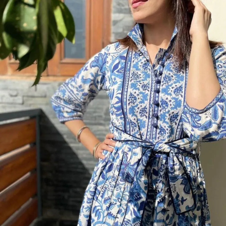 Hand Block Printed Dress | Summer Midi Dress | Cotton Floral Dress | White & Blue Dress| Handmade in India | Dress with pockets,belt