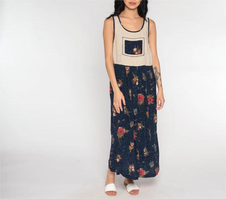 Floral Summer Dress Y2K Beige Navy Blue Sundress Midi Flower Sun Dress Ankle Length Vintage Shift High Waist Sleeveless Medium