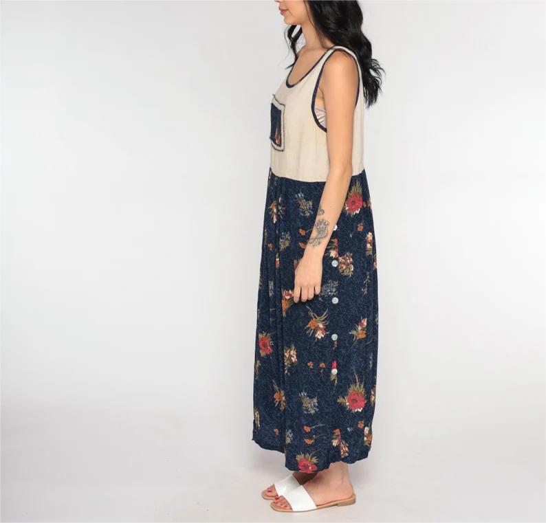 Floral Summer Dress Y2K Beige Navy Blue Sundress Midi Flower Sun Dress Ankle Length Vintage Shift High Waist Sleeveless Medium