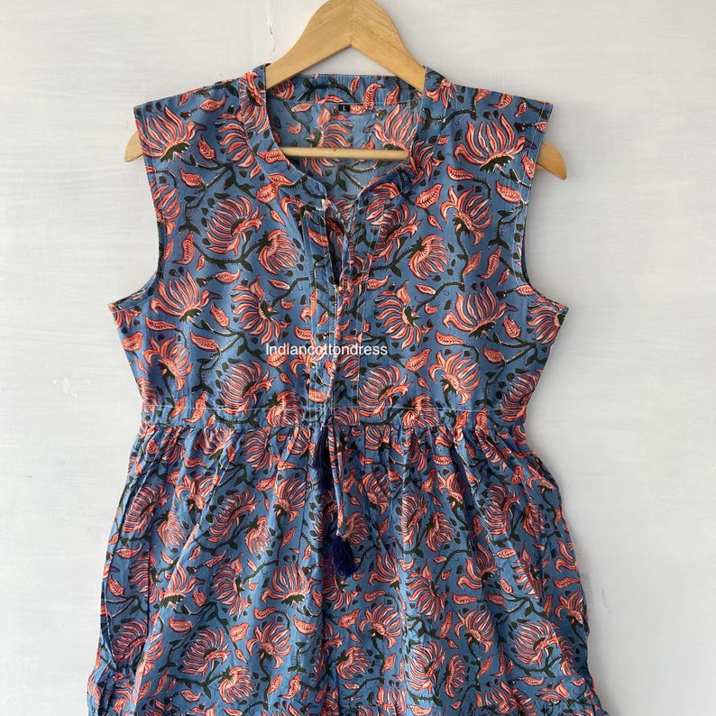 Sleeveless New Block Wood Floral Dress,Humming Dress,Summer Dress,Handblock Dress,Block print Dress,Dresses For Woman,Button Dress,Pocket