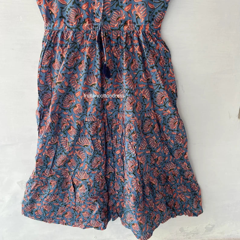 Sleeveless New Block Wood Floral Dress,Humming Dress,Summer Dress,Handblock Dress,Block print Dress,Dresses For Woman,Button Dress,Pocket