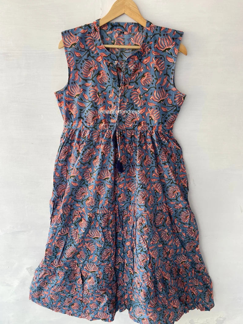 Sleeveless New Block Wood Floral Dress,Humming Dress,Summer Dress,Handblock Dress,Block print Dress,Dresses For Woman,Button Dress,Pocket