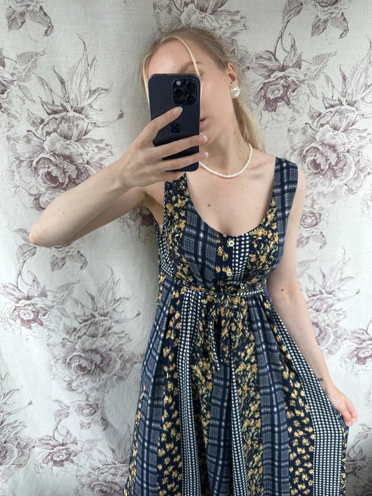 Vintage navy blue patchwork style dress, women’s midi sleeveless dress with check and yellow floral prints