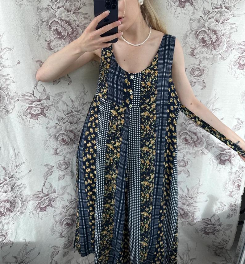 Vintage navy blue patchwork style dress, women’s midi sleeveless dress with check and yellow floral prints