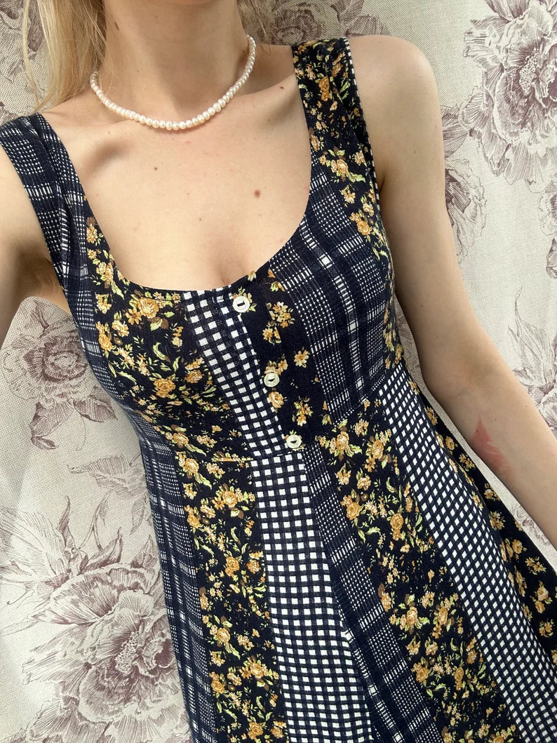 Vintage navy blue patchwork style dress, women’s midi sleeveless dress with check and yellow floral prints