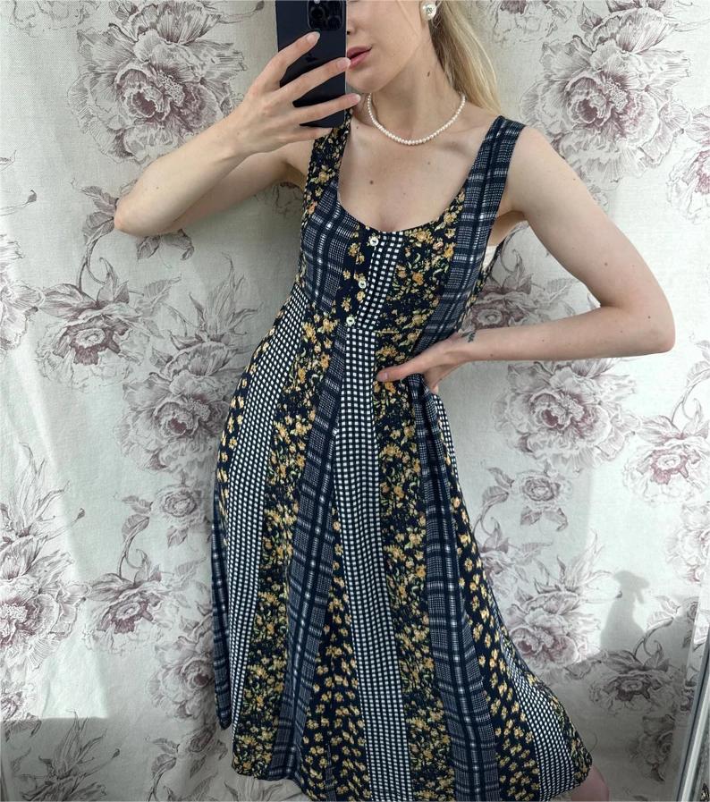 Vintage navy blue patchwork style dress, women’s midi sleeveless dress with check and yellow floral prints