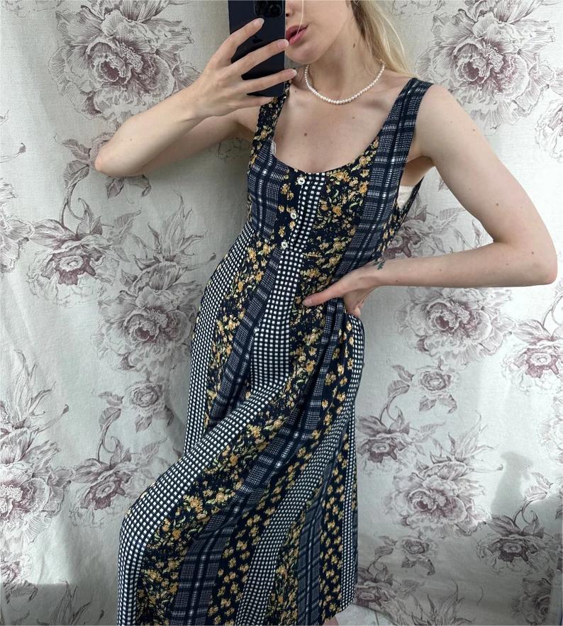 Vintage navy blue patchwork style dress, women’s midi sleeveless dress with check and yellow floral prints