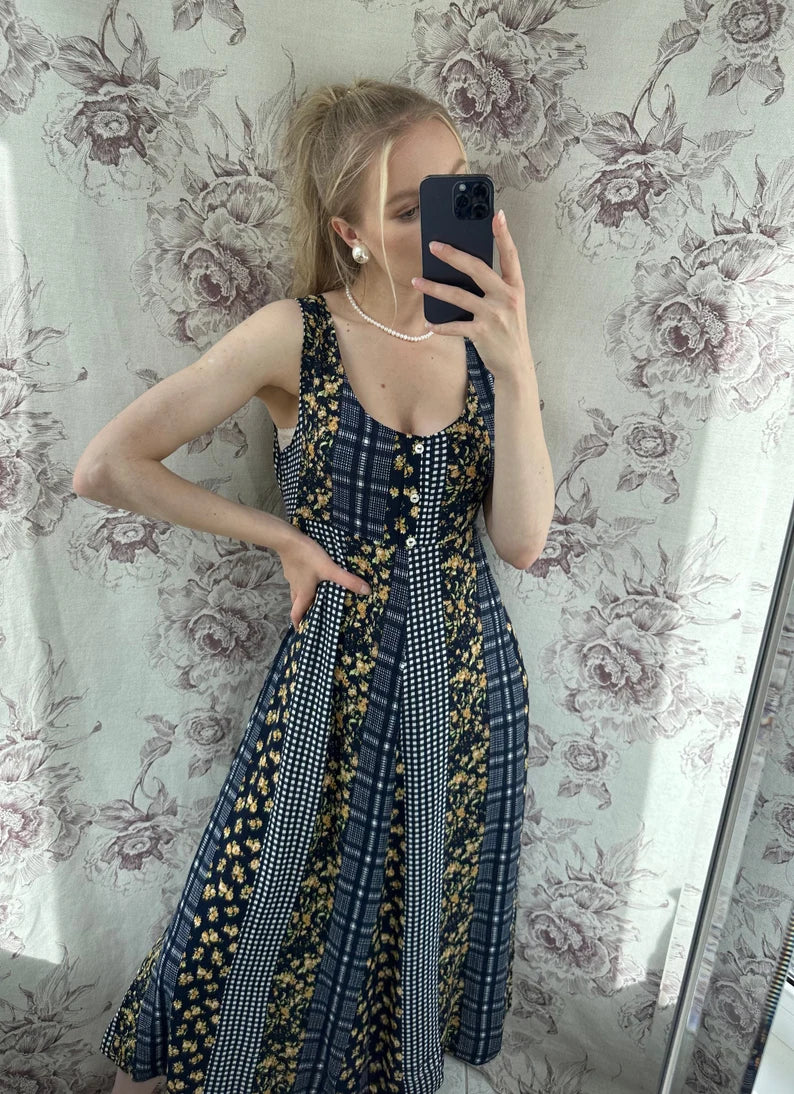 Vintage navy blue patchwork style dress, women’s midi sleeveless dress with check and yellow floral prints