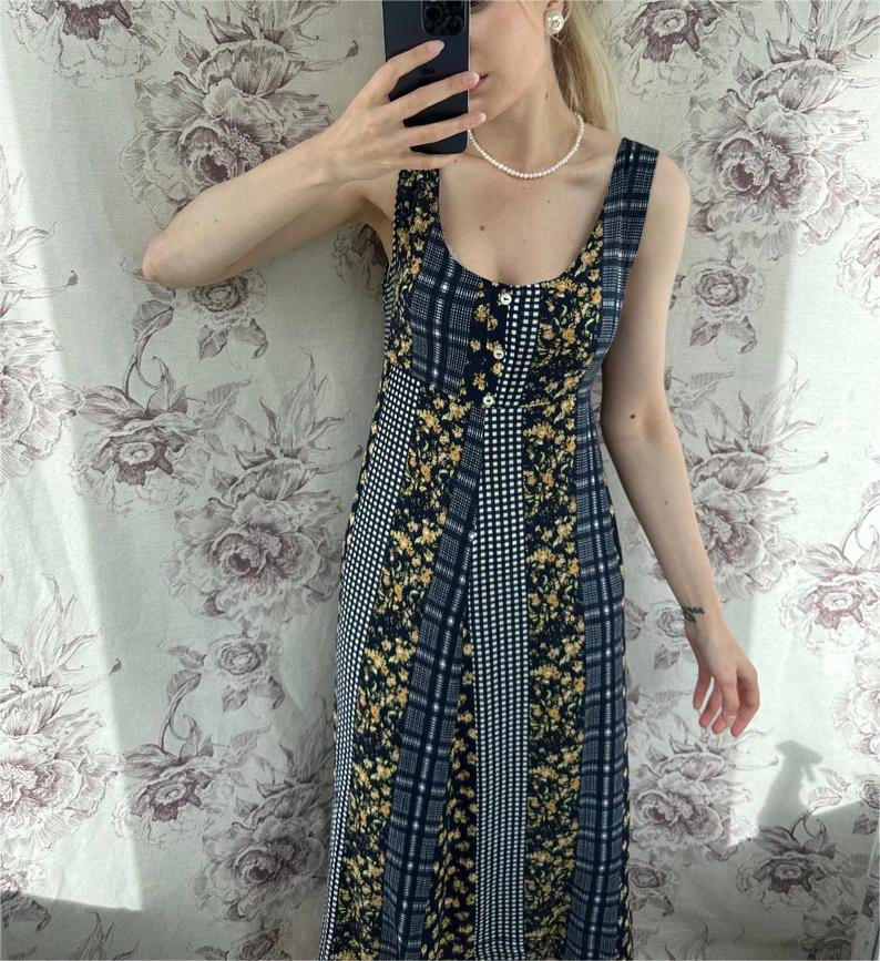 Vintage navy blue patchwork style dress, women’s midi sleeveless dress with check and yellow floral prints