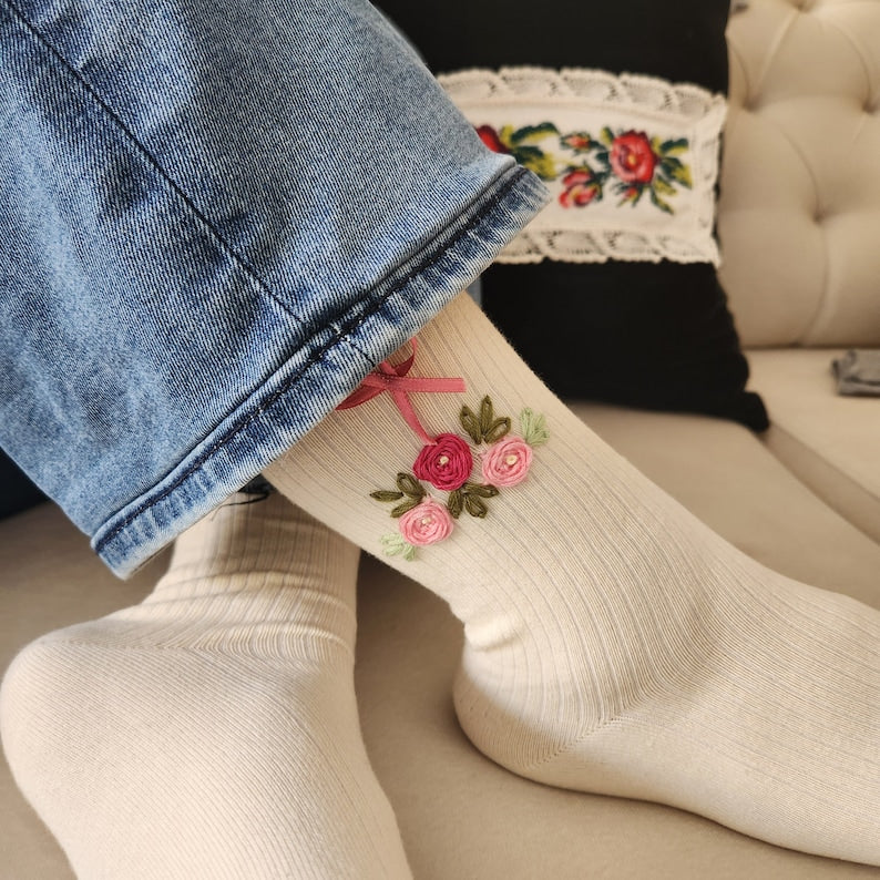 Hand Embroidered Socks for Women -Elevate Your Style with Colorful Floral Embroidered Women's Socks - Unique and Soft! Unique and Hot!