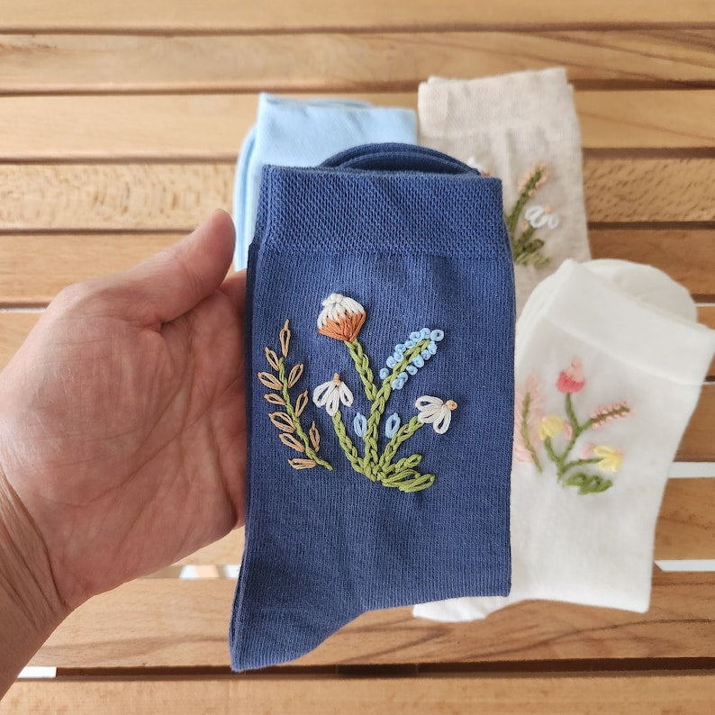 4 socks - Embroidered Socks for Women -Elevate Your Style with Colorful Floral Embroidered Women's Socks - Unique and Soft! Unique and Hot!