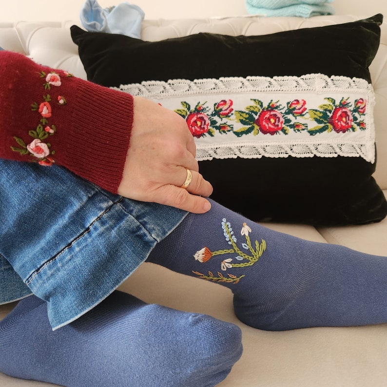 4 socks - Embroidered Socks for Women -Elevate Your Style with Colorful Floral Embroidered Women's Socks - Unique and Soft! Unique and Hot!