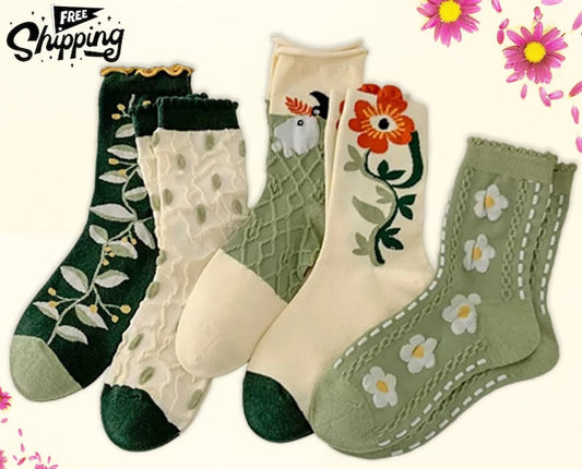 Vintage Cute Floral Socks, Retro Cottagecore Cotton Socks, Textured Knitted Socks for Womens, Unique Casual Comfortable Spring Crew Socks