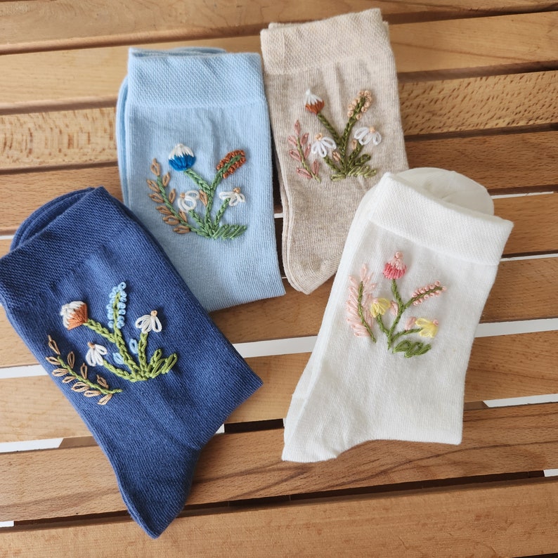 4 socks - Embroidered Socks for Women -Elevate Your Style with Colorful Floral Embroidered Women's Socks - Unique and Soft! Unique and Hot!