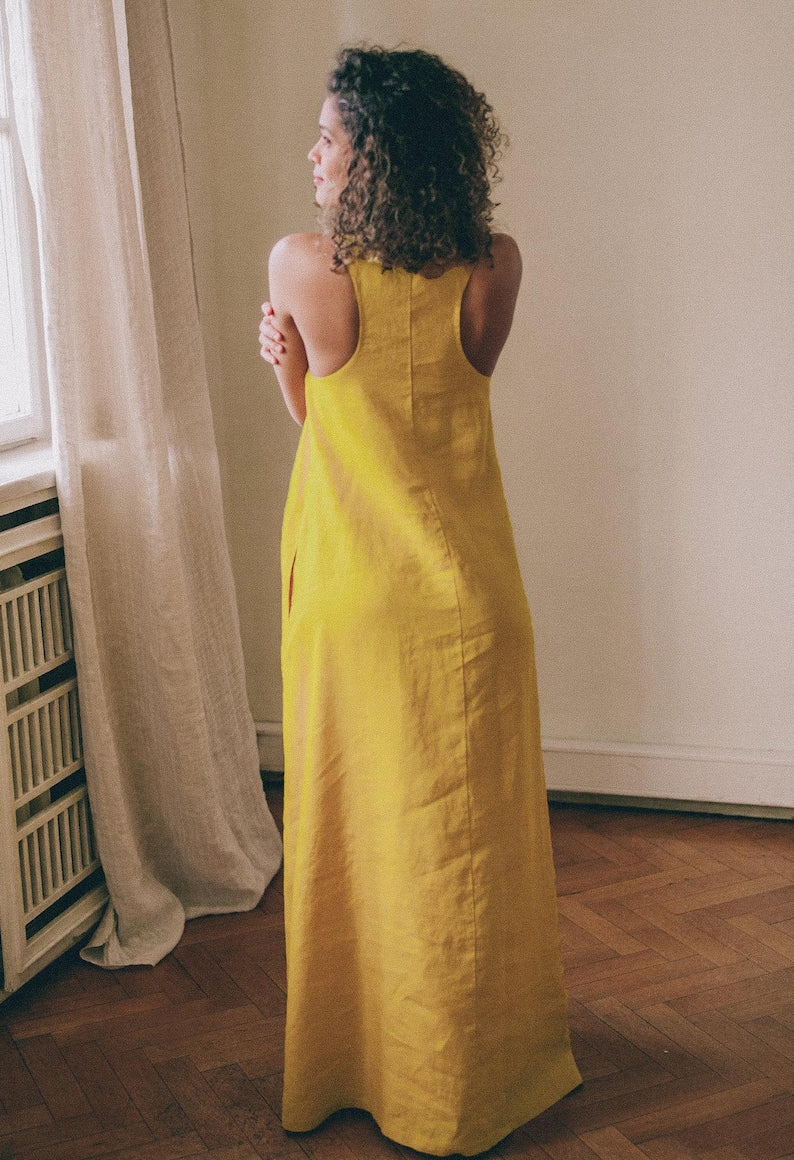 Mustard Linen Dress with Pockets